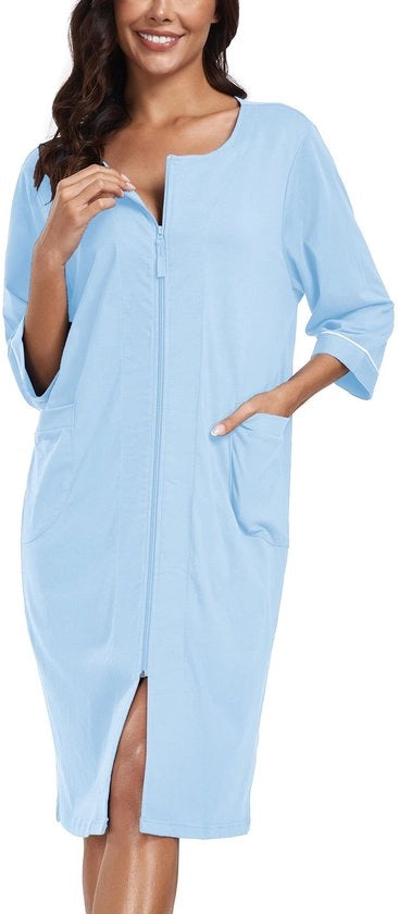 Vestito da bagno femminile colorato con cerniera, giacca leggera in cotone 100%, pigiama con maniche 3/4 e tasche (blu chiaro, 2XL)