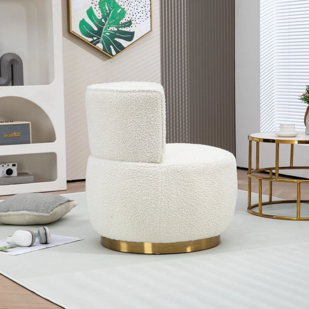 Poltrona girevole 360Â° con schienale ergonomico; seduta spessa e struttura in legno e metallo bianco