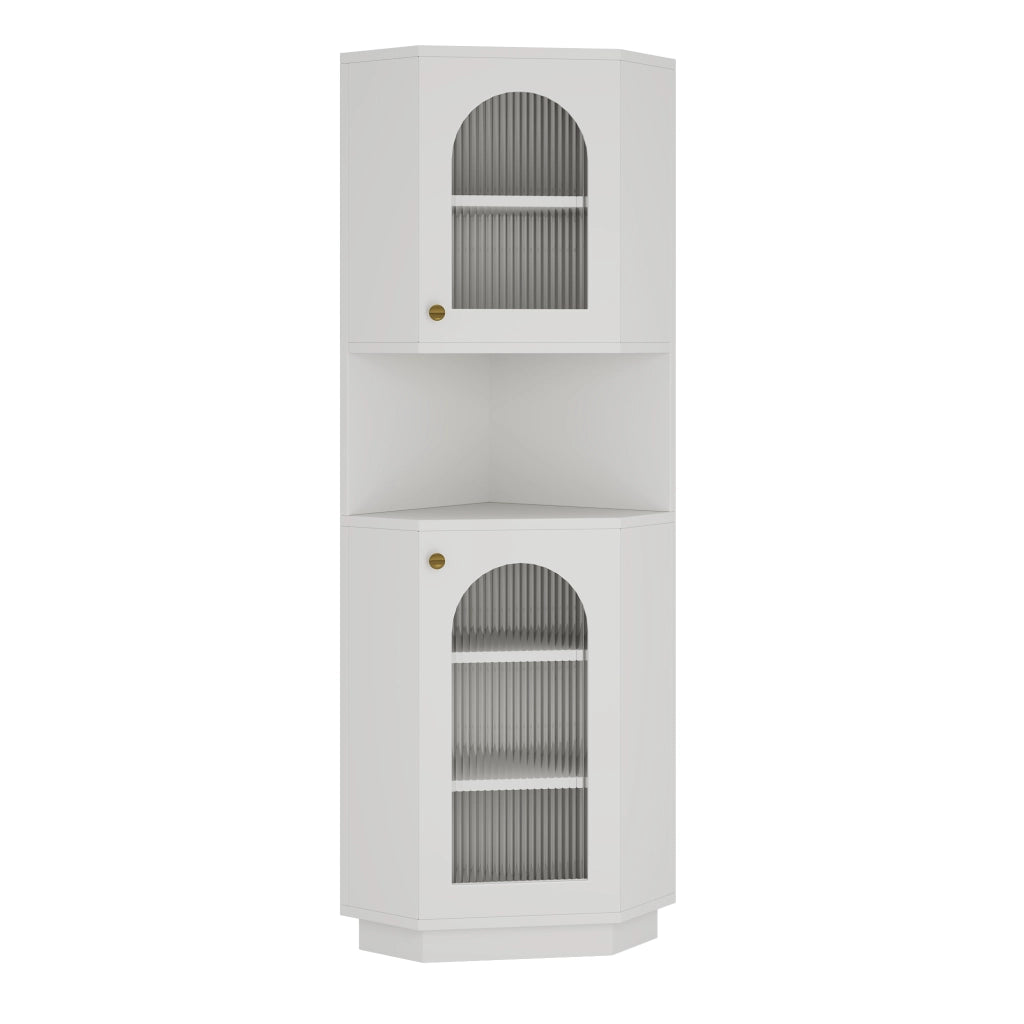 Armadietto da bagno angolare con luce e vani aperti, ripiani regolabili, in MDF bianco, 45 × 45 × 166,5 cm
