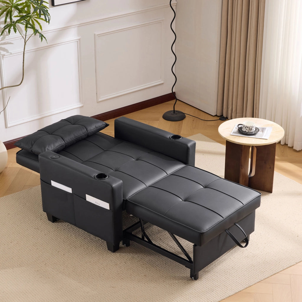 Poltrona letto 1 posto 3 in 1 con portabicchieri; tasca laterale e schienale regolabile in PU nero