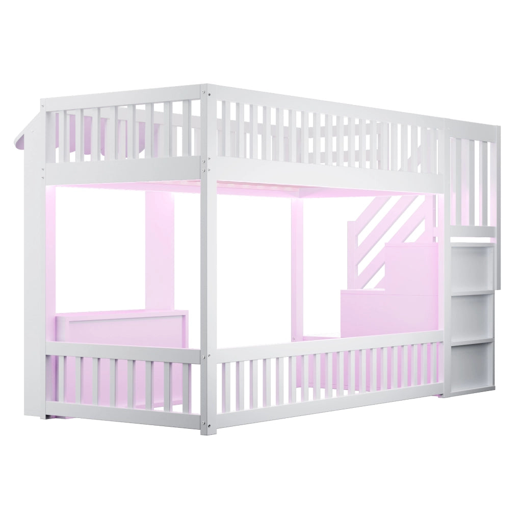 Letto a soppalco singolo 90x200 cm con scala contenitore; spazio di archiviazione e LED multicolore; bianco