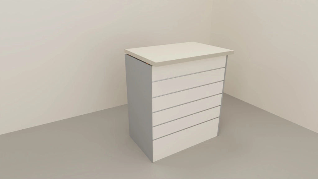 Composizione banco cassa angolare con pannello dogato per esposizione negozio abbigliamento cm. 156x156x106h