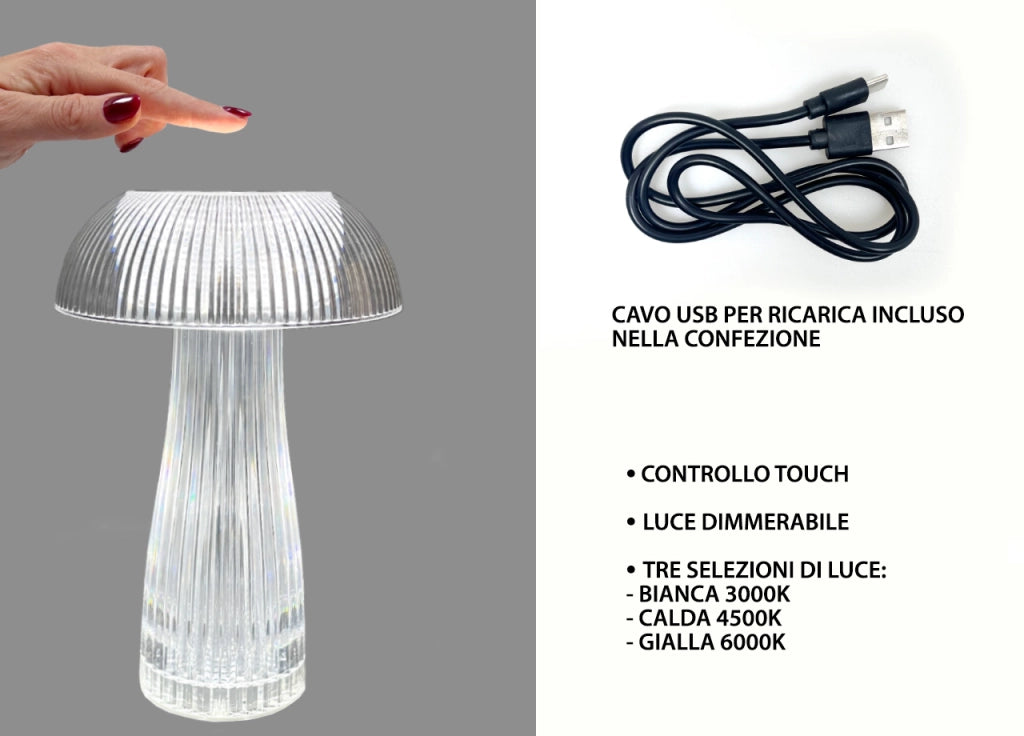 Lampada Led Da Tavolo Controllo Touch Ricaricabile Trasparente Mushroom