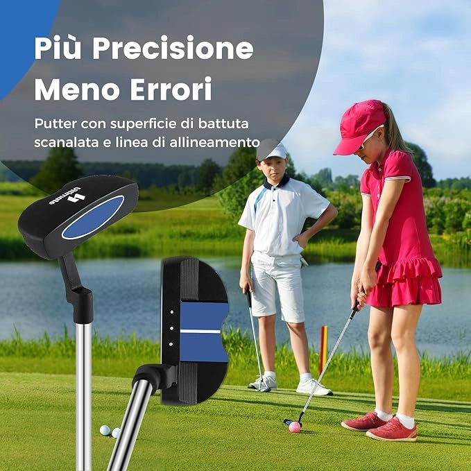 Set Completo di Mazze da Golf per Bambini, Inculude Fairway 3, Ferri 7 e 9, Putter, Copritesta, Borsa Portatile e Cappuccio Antipioggia, Set da Golf per Destrimano(Per 11-13 Anni)