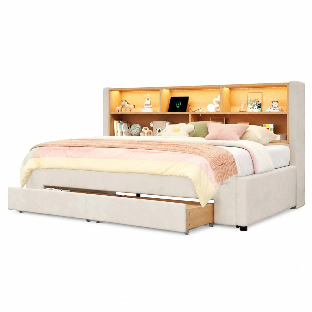 Letto daybed estraibile con cassetti, porte USB e LED, in velluto beige, 90x200 cm, con rete a doghe