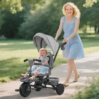Triciclo Evolutivo 6 in 1 Pieghevole Seggiolino Girevole a 360° Maniglia Genitoriale Schienale Reclinabile Tettoia Grigio