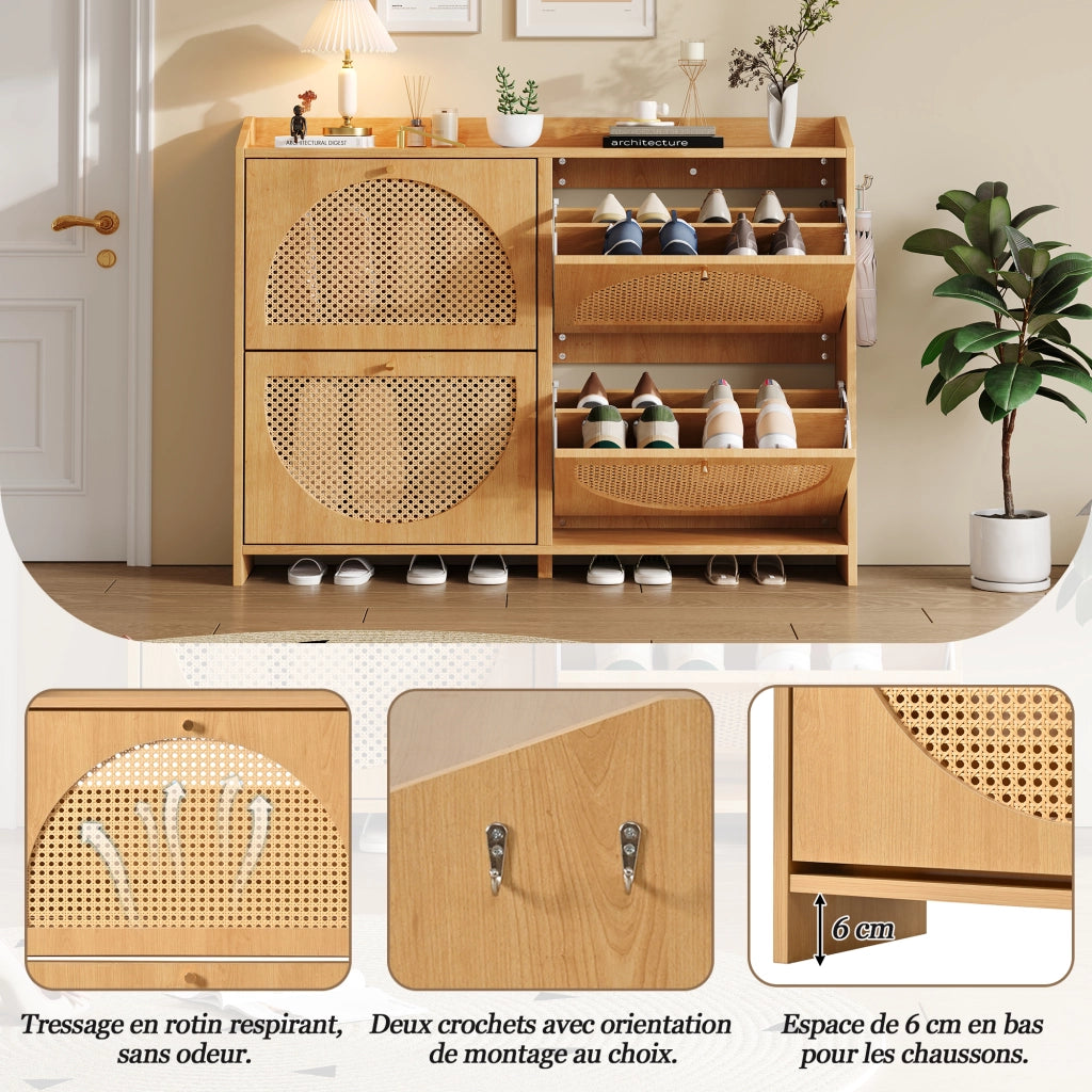 Scarpiera con 4 ante a ribalta; 8 scomparti e 2 ganci; per ingresso; in MDF; naturale; 120 × 24 × 90 cm