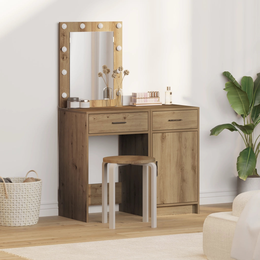 Set di Toeletta in 2 Pezzi con LED in Legno Ingegnerizzato Rovere Artigianale