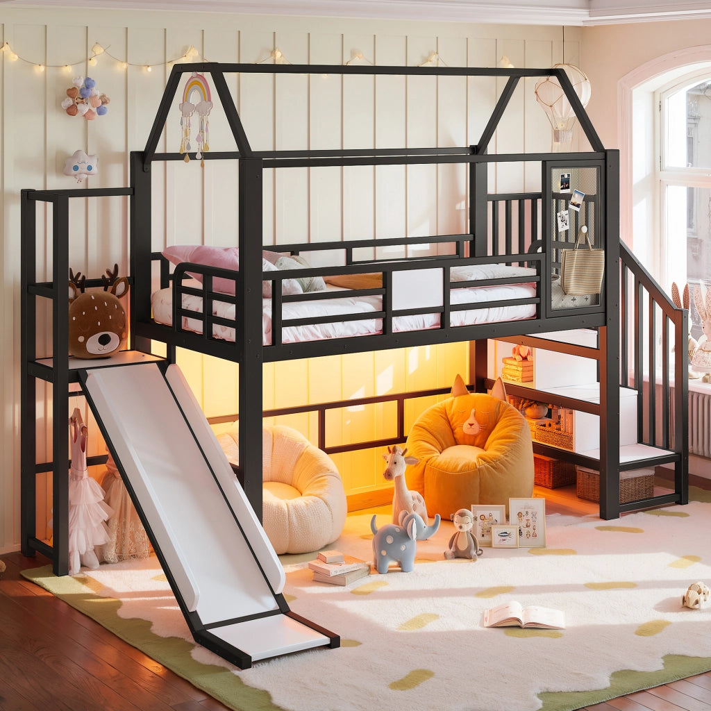Letto a soppalco a casetta 90 x 200 cm in metallo nero con scivolo e LED
