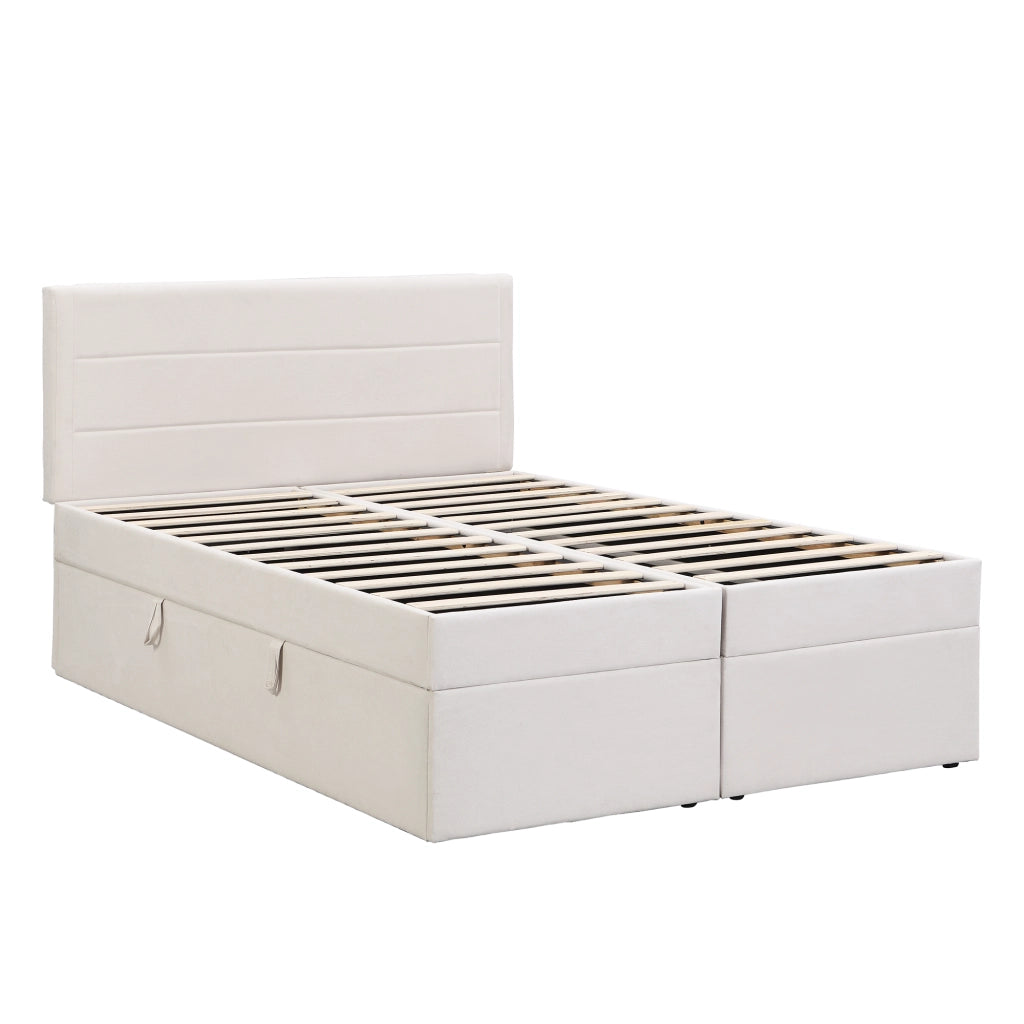 Letto matrimoniale imbottito 140x200 cm con rete sollevabile e grande contenitore, Beige