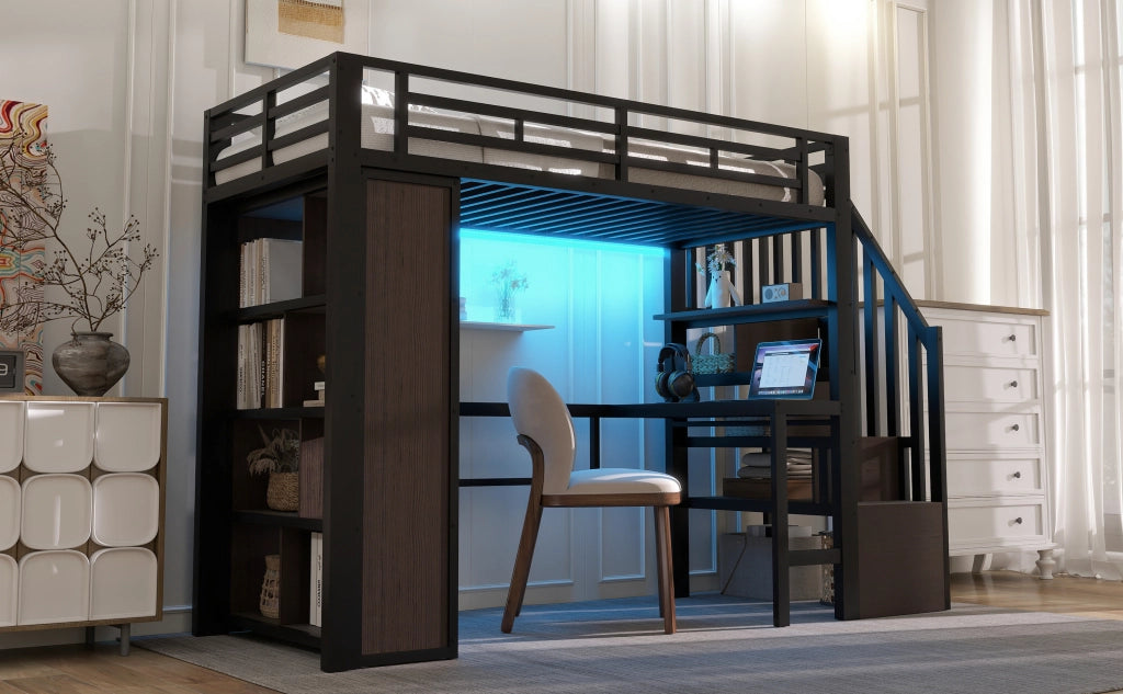 DESMIU Letto a Soppalco Singolo con Scrivania, Scaffali, Scala Contenitore e LED 90 × 200 cm, Senza Materasso