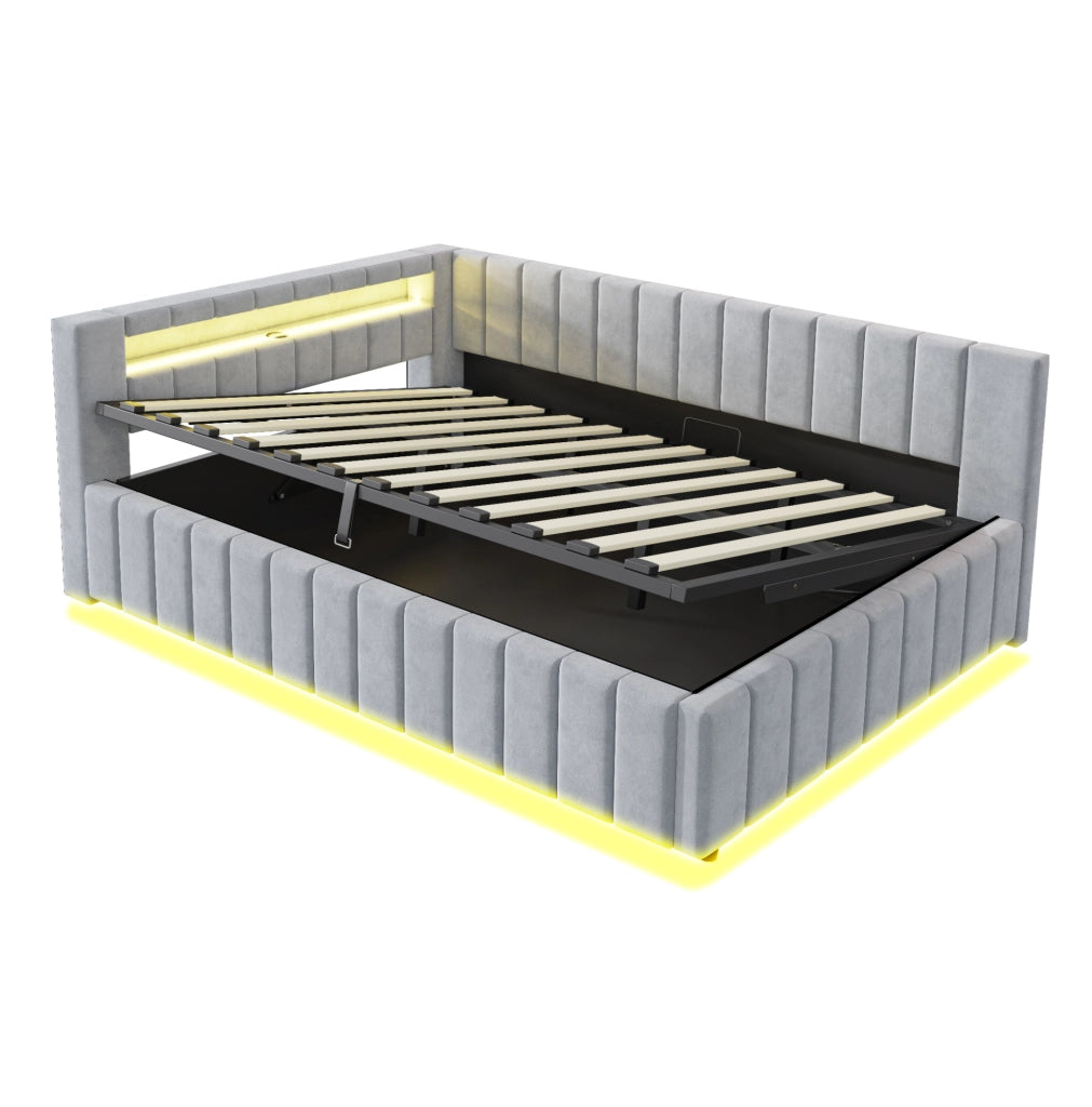 Letto imbottito 140x200 cm con contenitore idraulico, LED e USB in velluto grigio