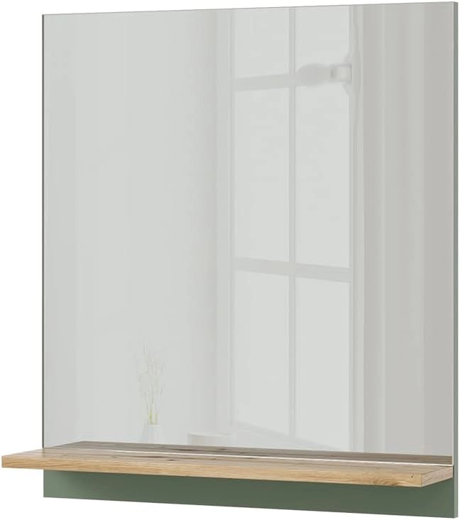 Specchio da bagno Marelle, Verde/Artigianale, 60 x 67 cm con ripiano, adatto per il montaggio a parete in ambienti umidi