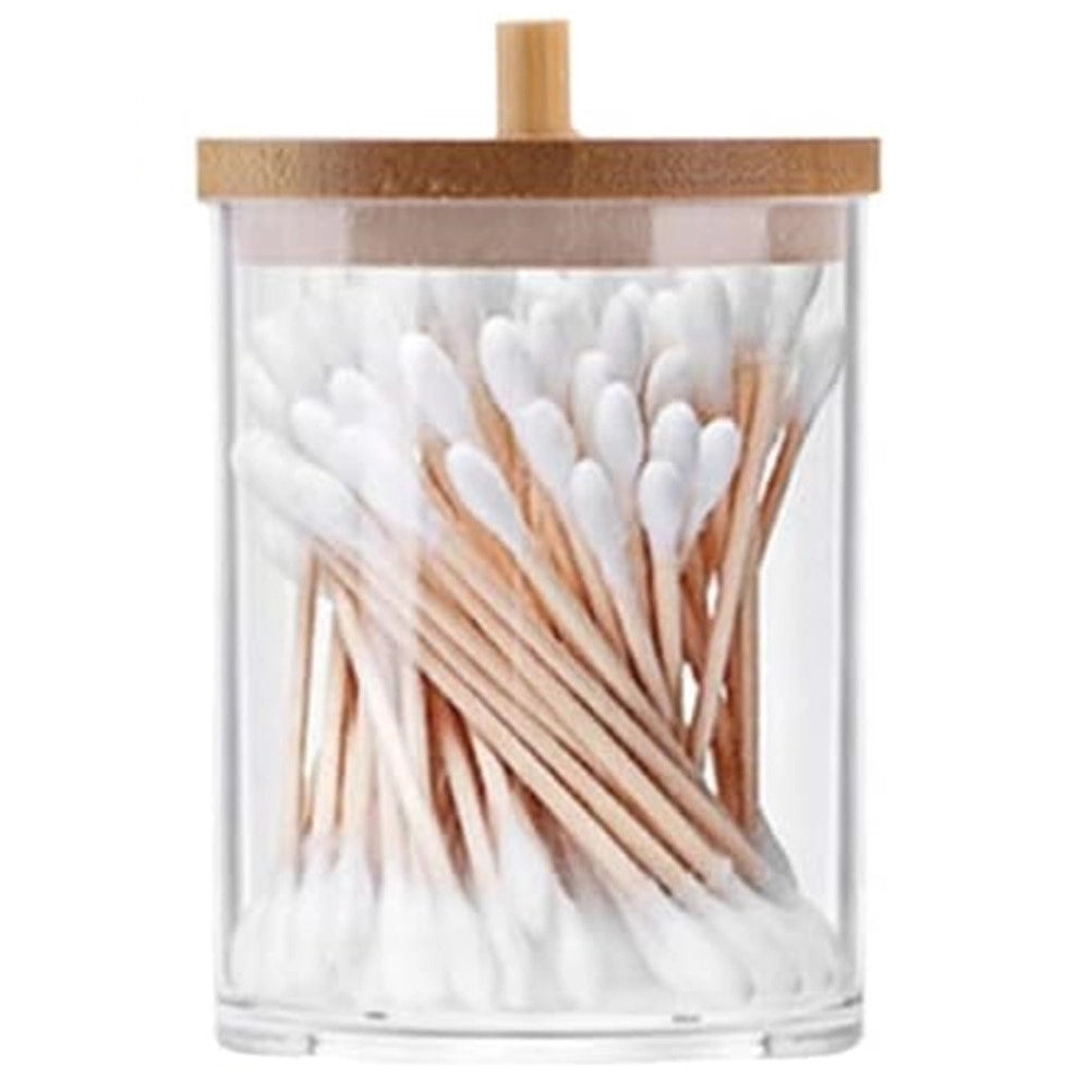 Trade Shop - Contenitore Porta Cotton Fioc Organizer Trasparente Con Coperchio In Legno 7.1x10.3cm 10821 -