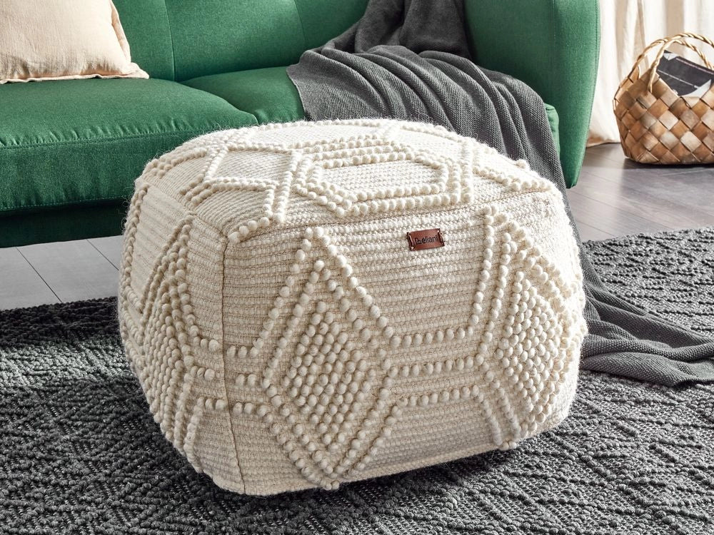 Pouf poggiapiedi moderno tessuto a mano in lana 60 x 60 x 40 cm Beige soggiorno camera da letto