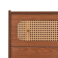 Credenza cucina Vintage con 6 Cassetti con Rattan e Maniglie Dorate per Camera da Letto e Soggiorno, Noce