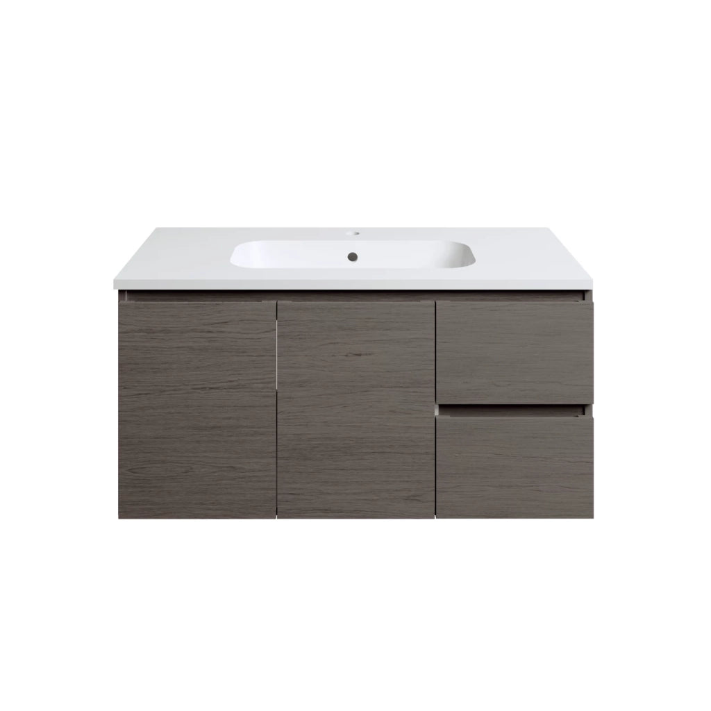 Mobile da bagno sospeso 100cm rovere scuro con lavabo e specchio | Rata