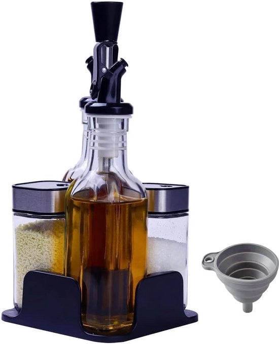 Set di dispersori sale e pepe con set di oli e aceto (5 pezzi) 

Design rotante del contenitore sale con chiusura di bottiglia per varie modalità di dispensazione, progettazione a prova di perdite, dispenser di olio e aceto.