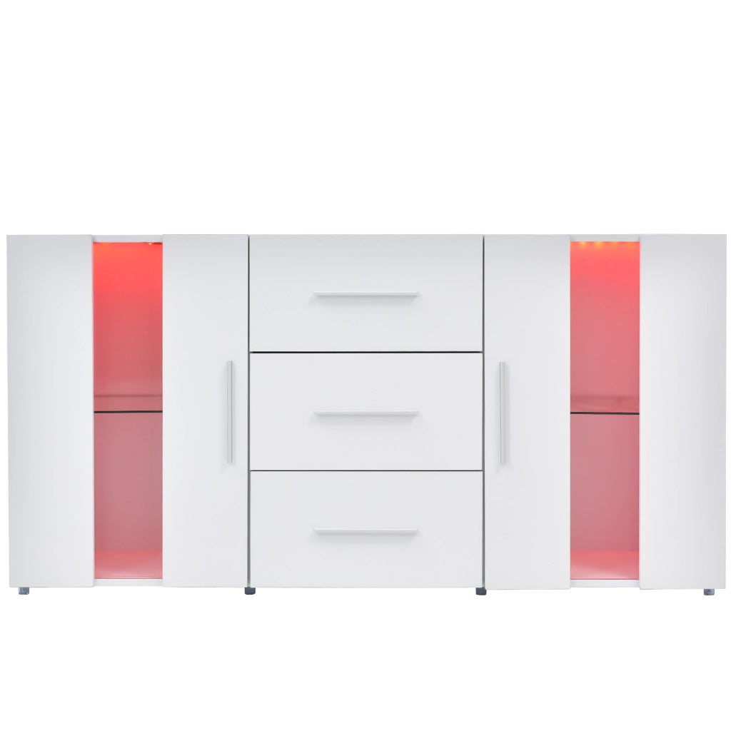 Mobile porta TV con LED e 3 cassetti, 2 vani con ripiani removibili, in MDF bianco, 140 × 35 × 70 cm