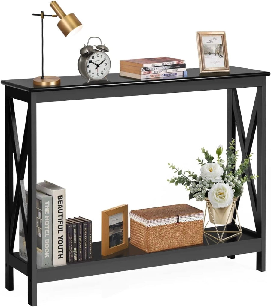 Tavolino Consolle da Divano, a 2/3 Ripiani, Stuttura a X, Portata di 50 kg, Compatto per Salvaspazio, Ideale per Camera, Soggiorno, Ingresso, 4 Colori (Nero, 100x30x80cm)