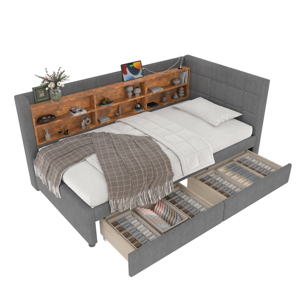 Letto singolo 90x200 cm con 2 cassetti, USB e USB-C, rete a doghe, grigio
