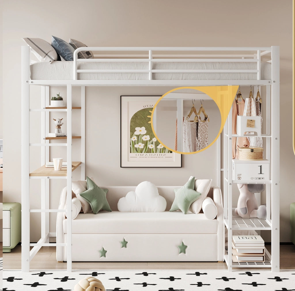 Letto a soppalco 140x200 cm in metallo con scrivania; appendiabiti e ripiani bianco