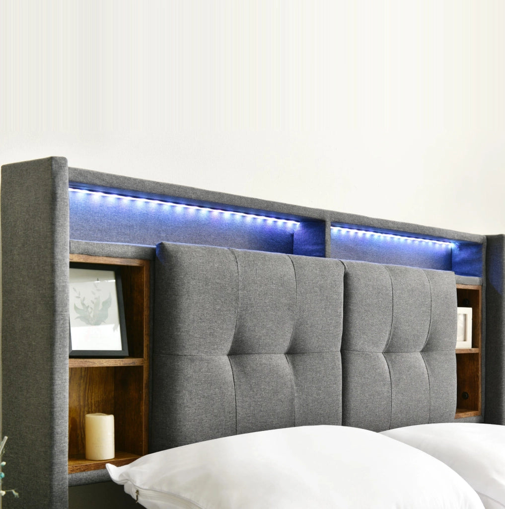 Letto matrimoniale imbottito 160x200 cm con testiera contenitore; USB e LED; grigio