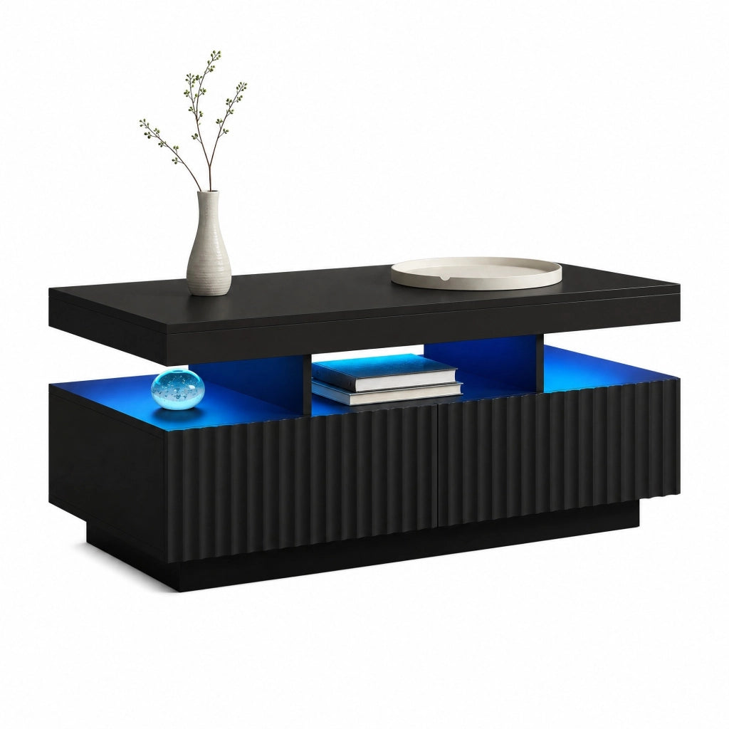 Tavolino da caffè 100 x 50 x 45 cm con 2 cassetti; LED e finitura nera in truciolare