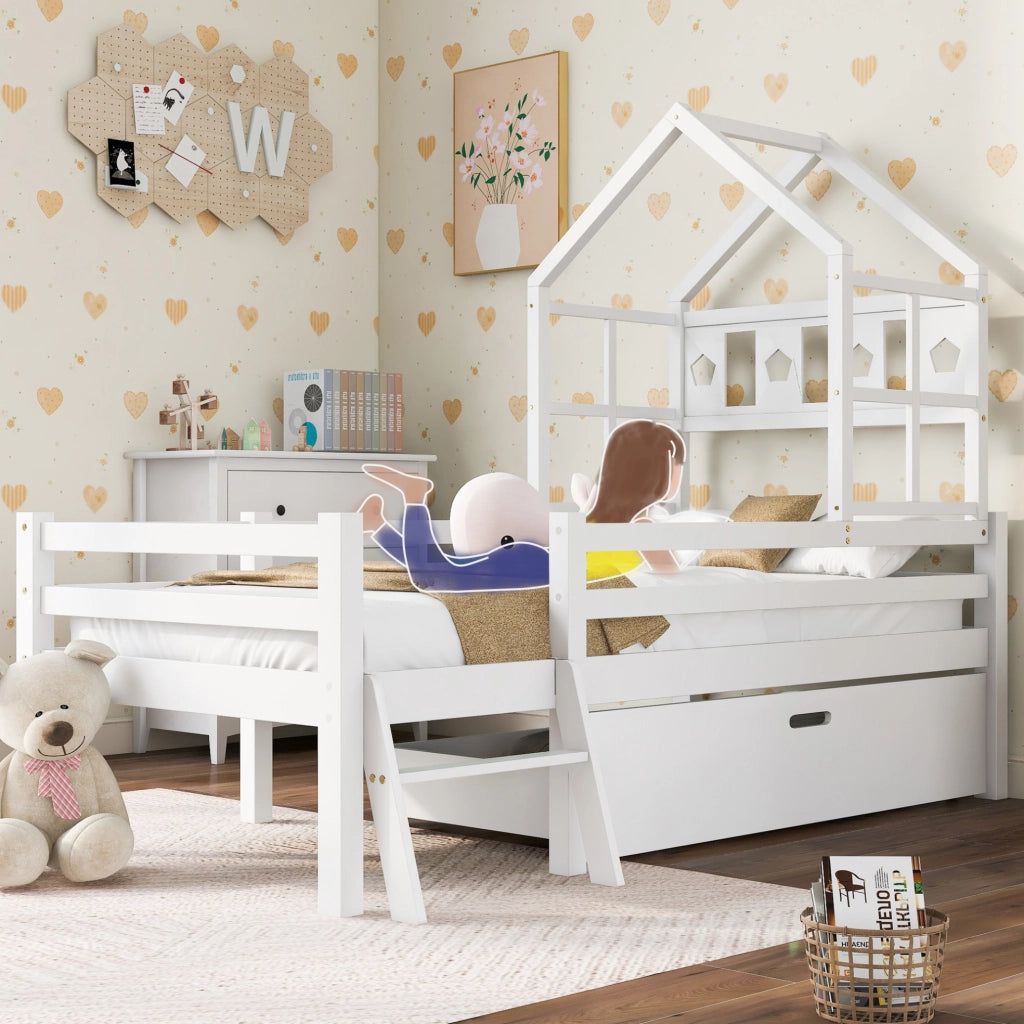 Letto rialzato per bambini con scaletta e cassetto; pino massello; bianco 90x200 cm