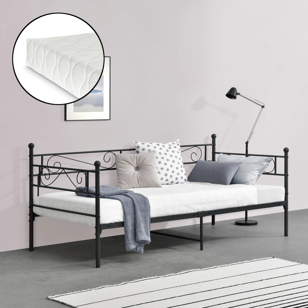 Divano Kerava in Acciaio Letto Singolo con Materasso a Schiuma Fredda 90 x 200 cm - Nero [en.casa]