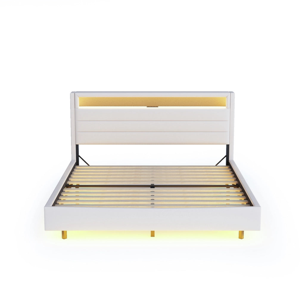 Letto imbottito 160x200 cm beige in tessuto di lino con LED e USB