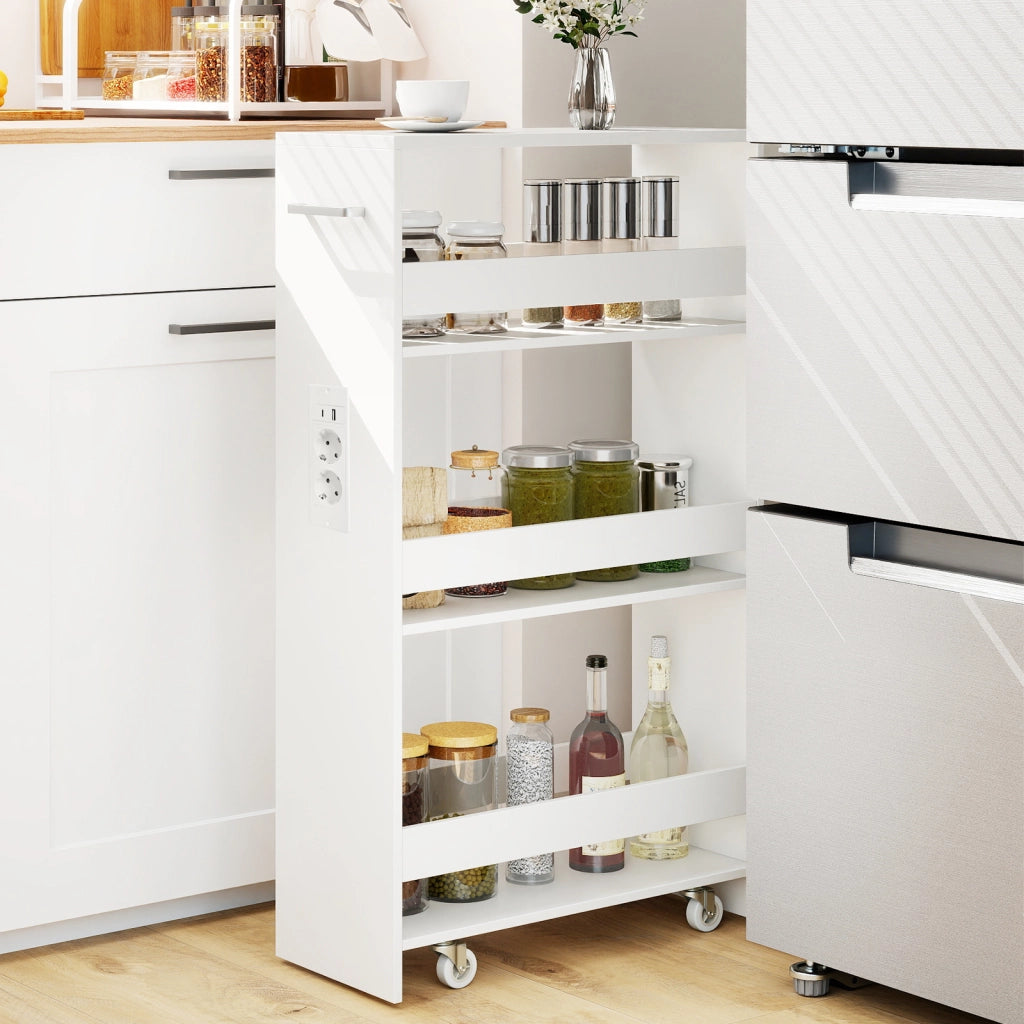 Carrello da cucina 4 ripiani con stazione di ricarica maniglia e parapetti-Scaffale stretto a sfilo con ruote bloccabili per cucina  Bianco 20cm