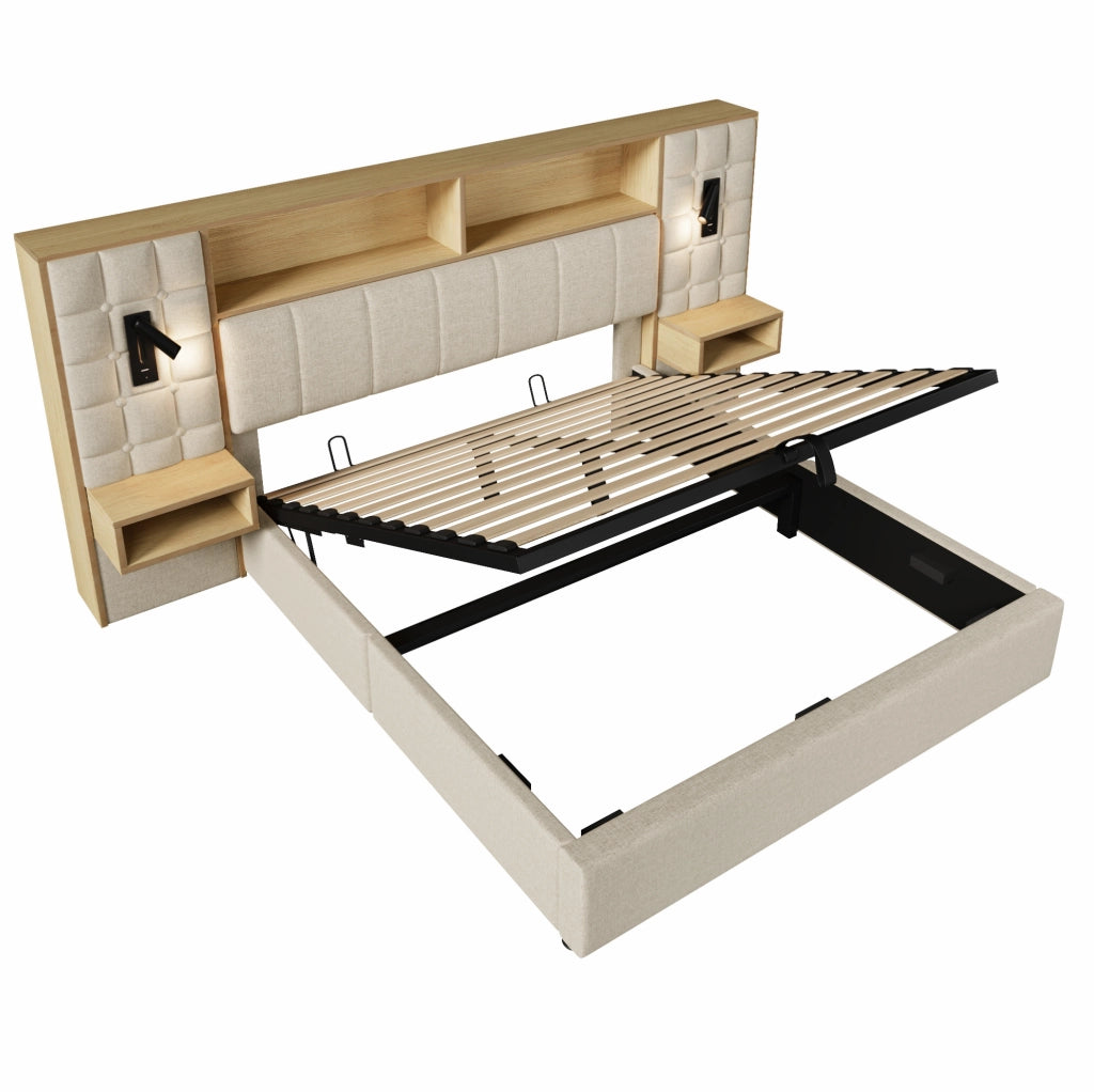 Letto matrimoniale 160x200 cm con contenitore; in tessuto effetto lino beige; luci lettura e ricarica USB-C