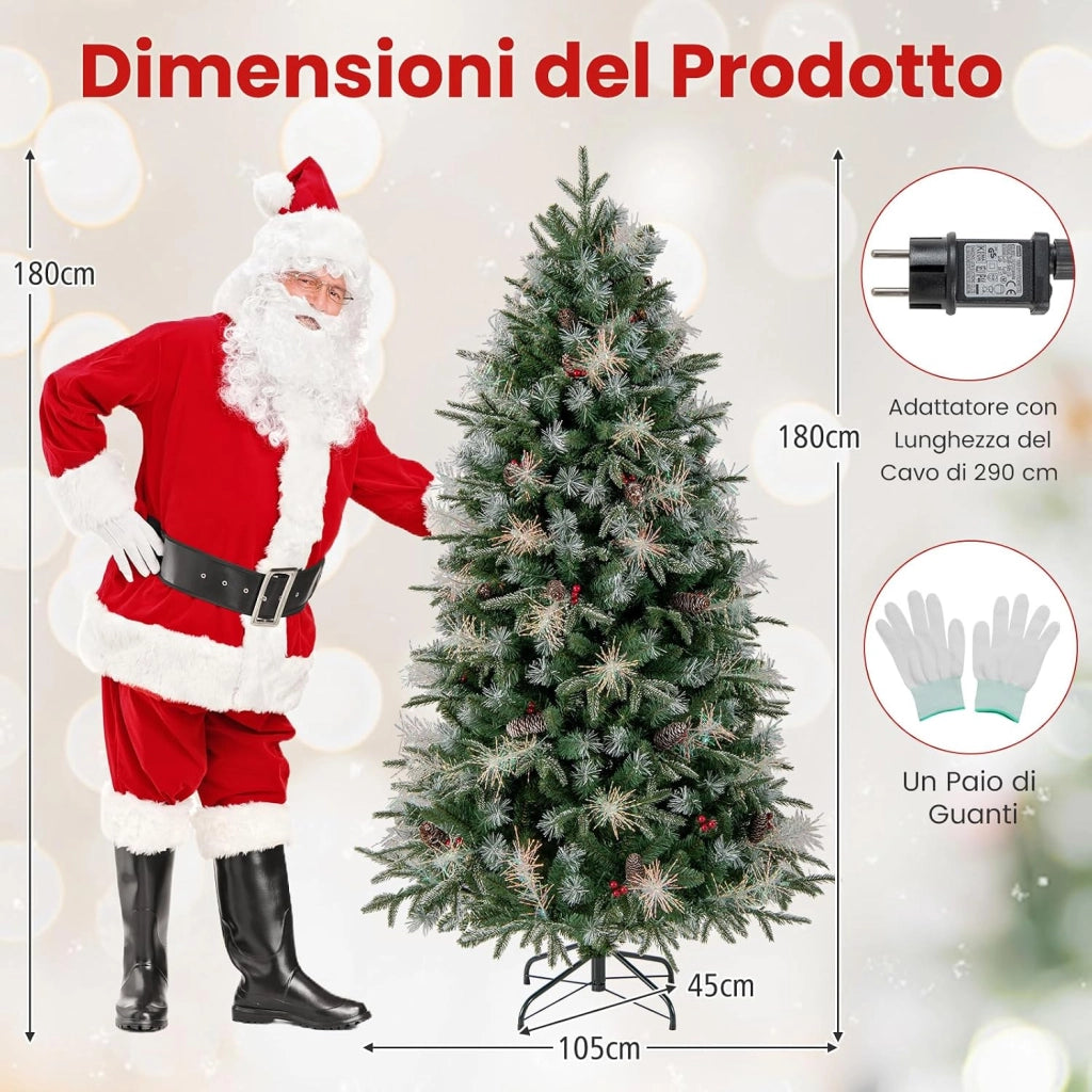 Albero di Natale Artificiale Pre-illuminato 180 cm con 270 Luci LED | Albero di Natale con 806 Punte di Rami in PE, PVC e PET e Pigne e Bacche Rosse, per Casa, Negozio e Ufficio
