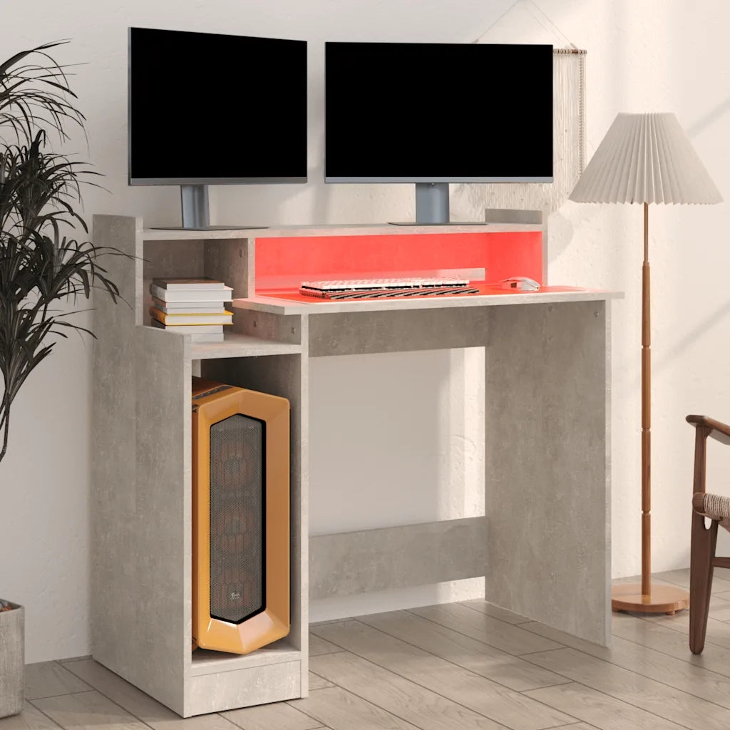 Scrivania con Luci LED Grigio Cemento 97x45x90cm in Multistrato 805556