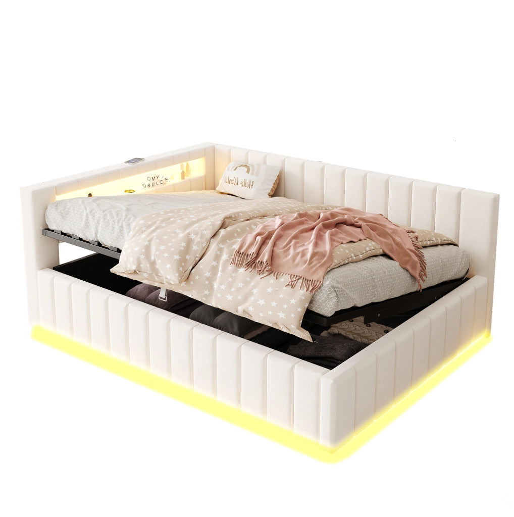 Letto matrimoniale imbottito 140x200 cm con contenitore idraulico; LED e USB; velluto beige