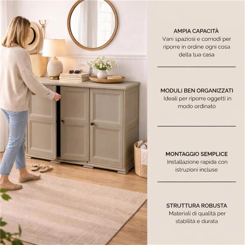 ARMADIO 3 ANTE TALPA 118X43X85,5 CM CON PUNTALI E ANTE EFFETTO LEGNO – MOBILE CONTENITORE SALVASPAZIO PER ZONA GIORNO