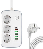 Scatola di alimentazione con protezione contro sovracorrente, interruttore, 3 prese + 6 porte USB, cavo 2 m, protezione per bambini, bianca