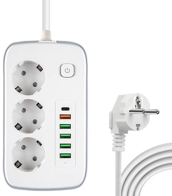 Scatola di alimentazione con protezione contro sovracorrente, interruttore, 3 prese + 6 porte USB, cavo 2 m, protezione per bambini, bianca