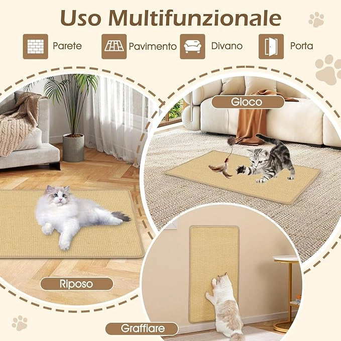2 Tiragraffi per Gatti 80 x 50 cm, Tappeto Tiragraffi per Gatti in Sisal Naturale da Pavimento o da Parete, Proteggono Tappeti, Tessuti, Divani e Poltrone
