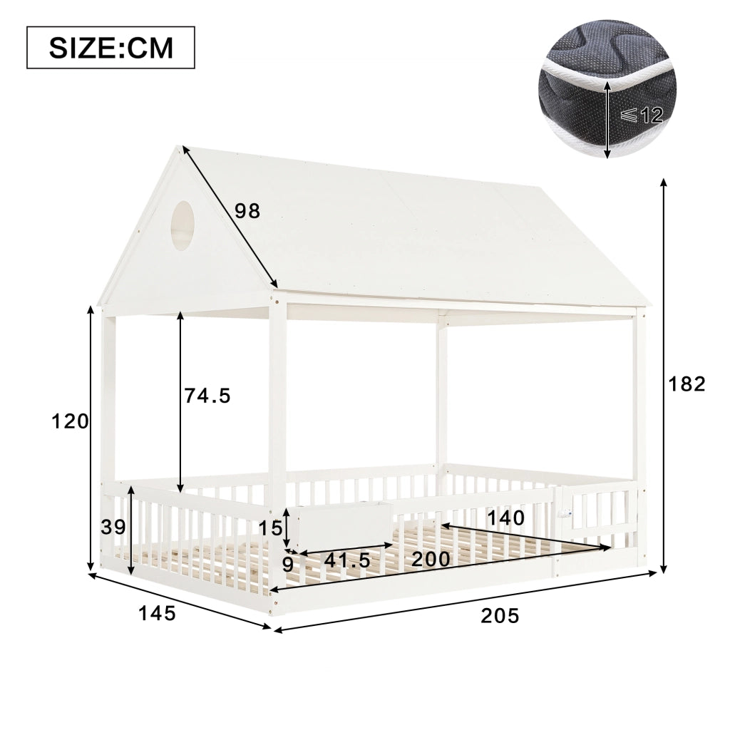 Letto Casetta 140x200 cm; Letto Singolo - Vano Contenitore e Tende - Legno - Bianco