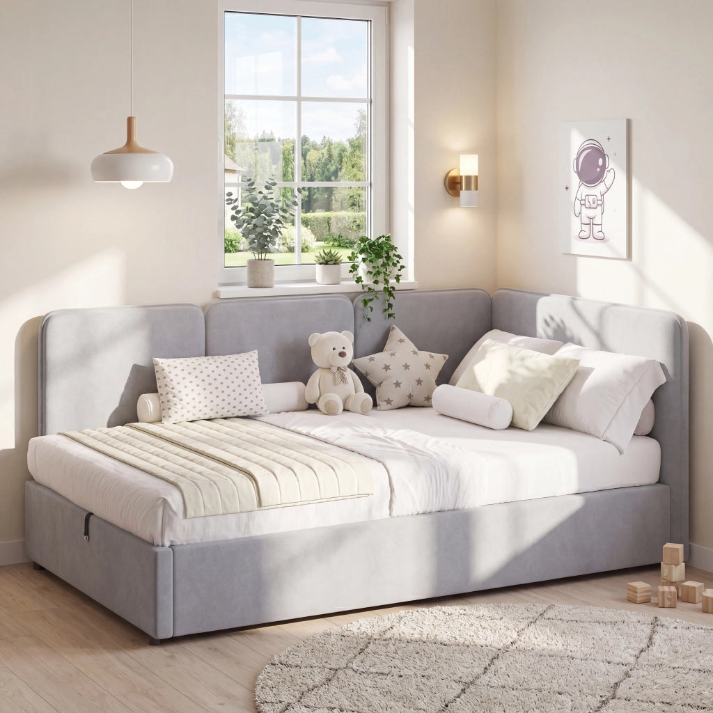 Letto divano 90 × 200 cm con contenitore idraulico, montaggio reversibile, senza materasso, en velluto grigio