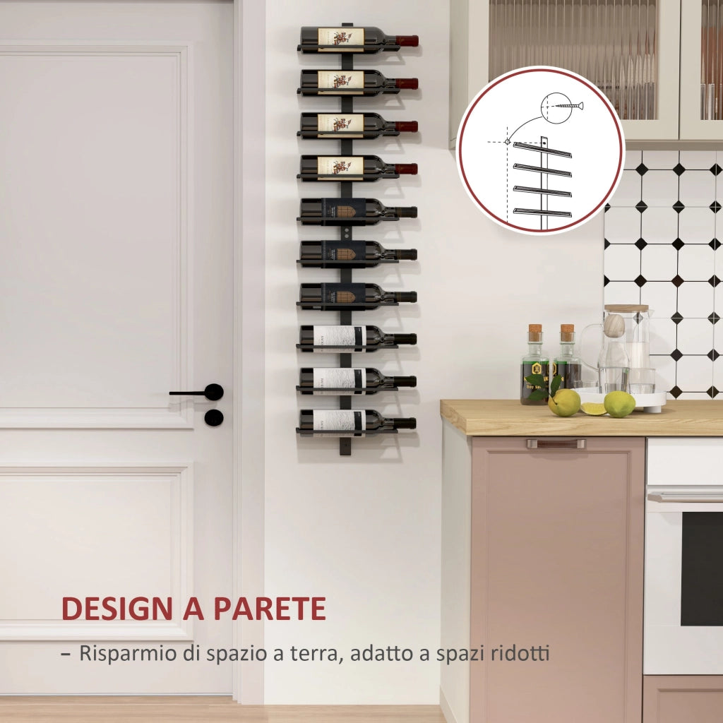 Portabottiglie da Parete per 10 Bottiglie 27x10x116 cm in Acciaio Nero