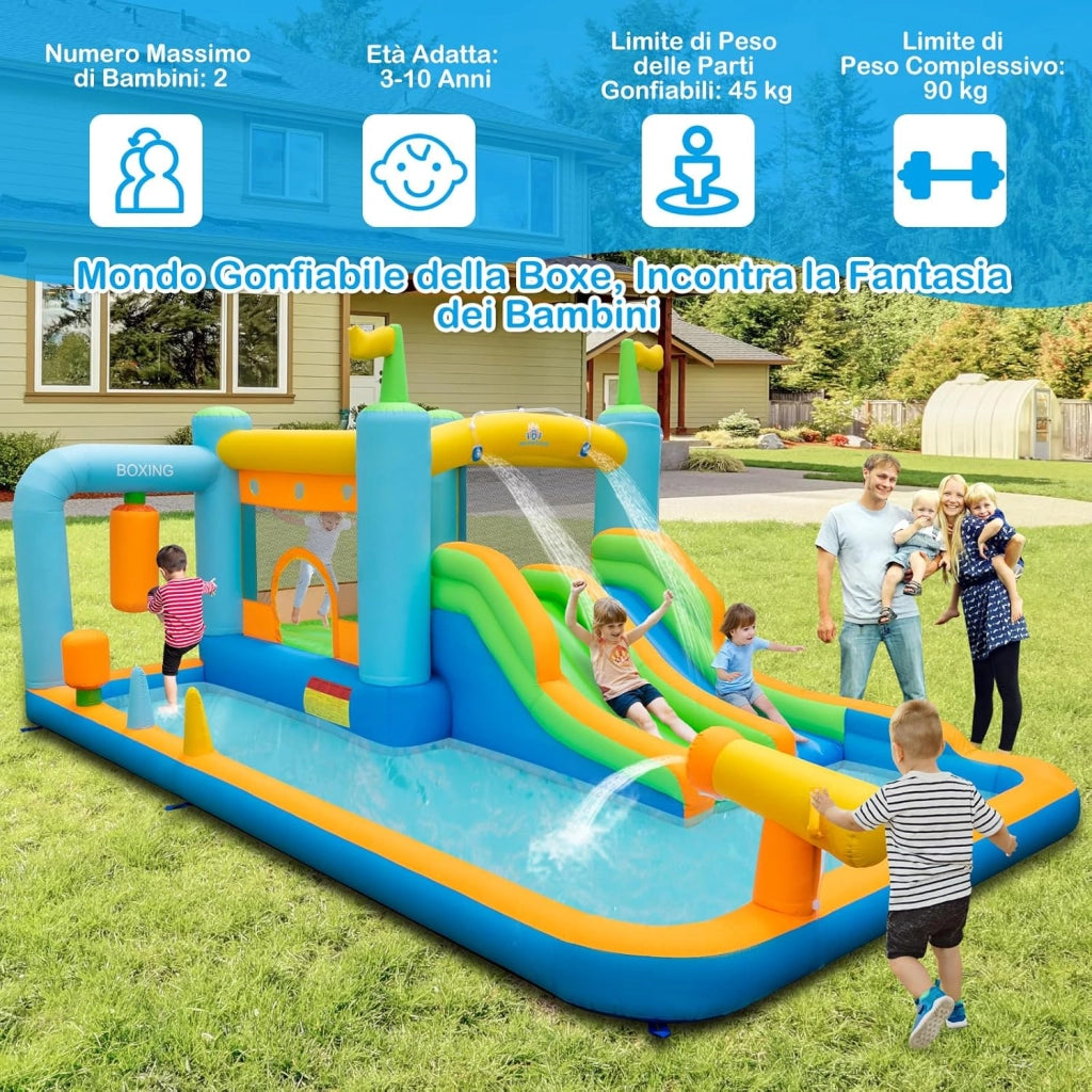 Castello Gonfiabile per Bambini, Casa Gonfiabile con 2 Scivoli, Piscina, Cannone d'Acqua e Sacco da Boxe, per 2 Bambini 3-10 Anni, 503 x 348 x 228 cm