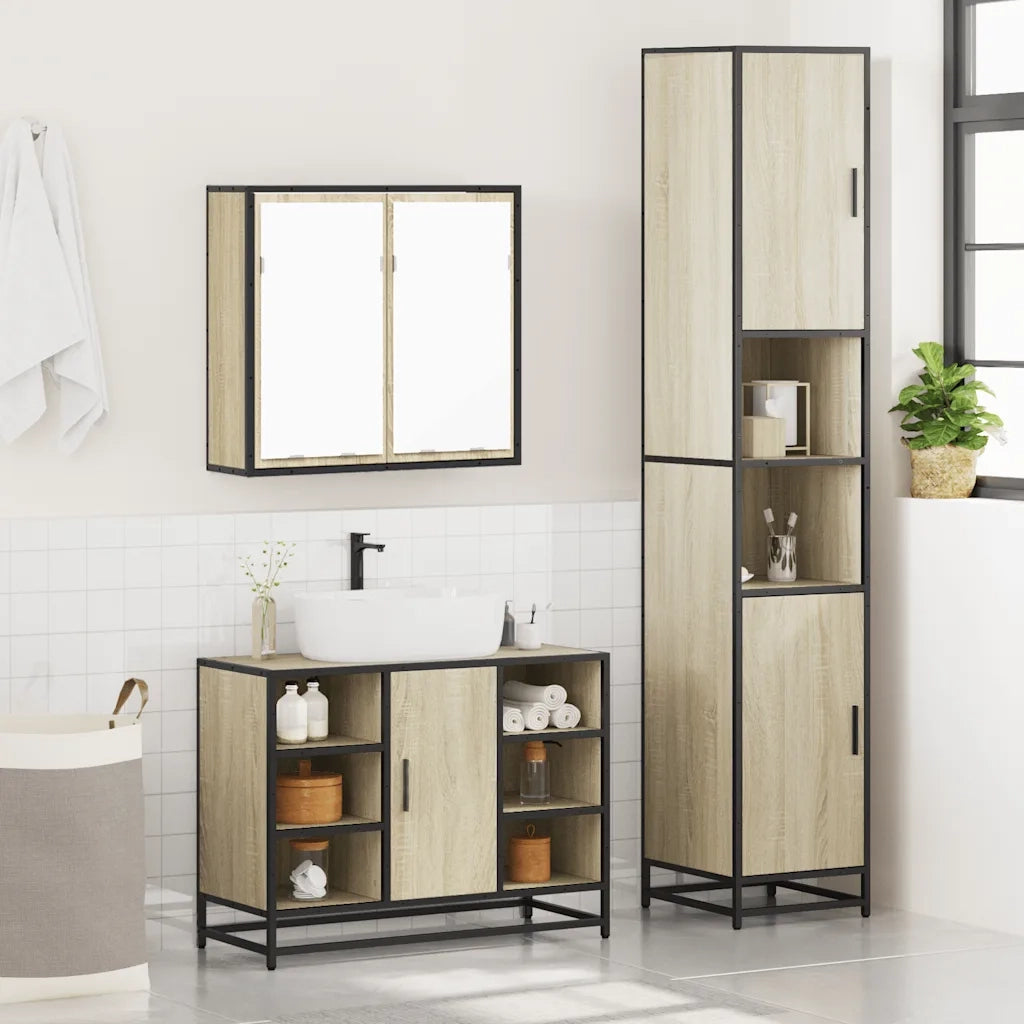 Set Mobili da Bagno 3 pz Rovere Sonoma in Legno Multistrato