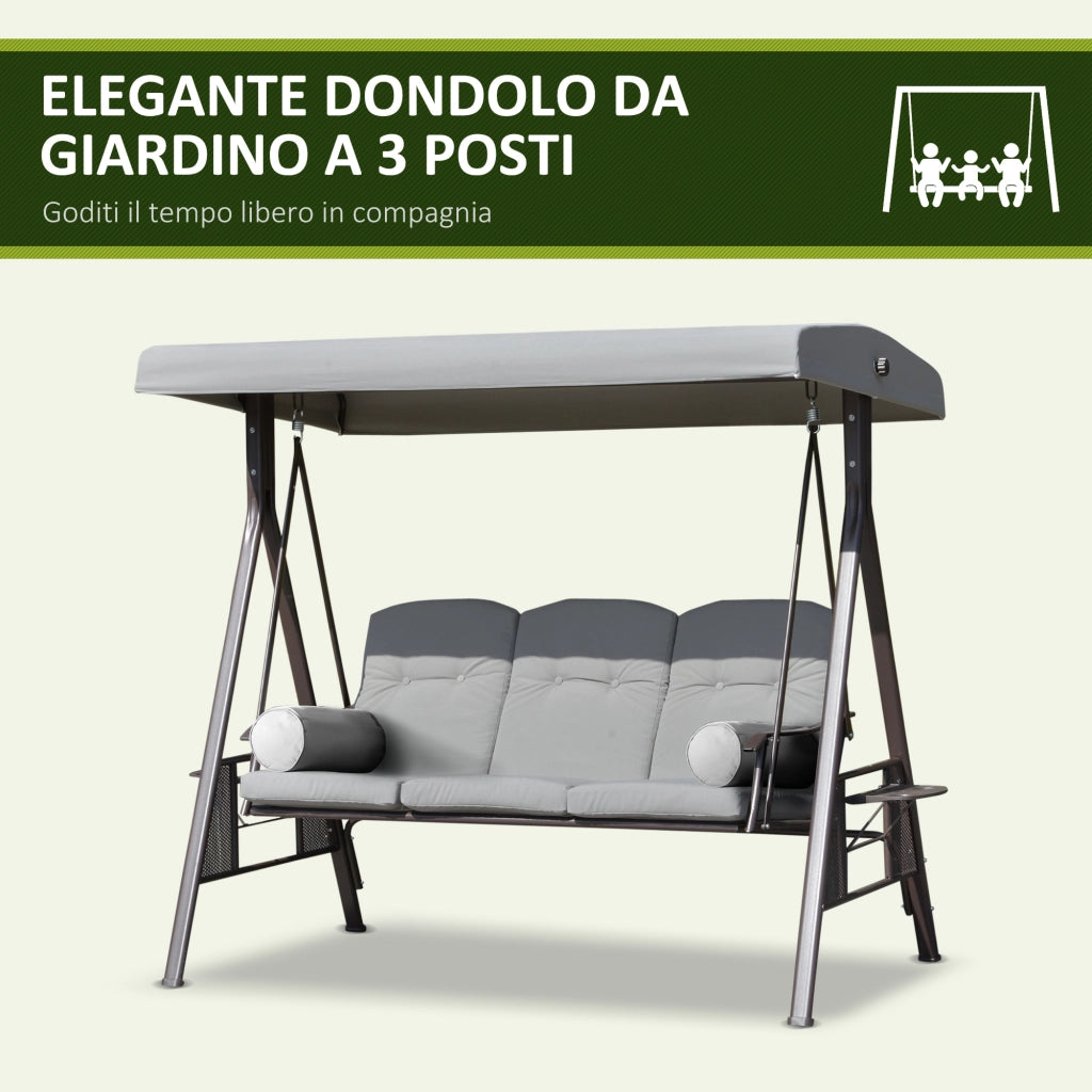 Dondolo da Giardino 3 Posti 208x121x172 cm con Tetto Regolabile Portabicchieri e Cuscini in Metallo e Tessuto Grigio