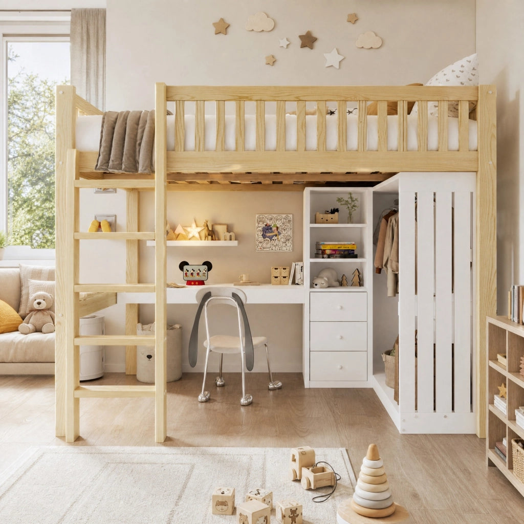 LETTO a soppalco con scrivania e armadio 140x200 cm Naturale