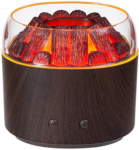 Dispositivo di umidificazione dell'aria con nebbia rotante e dinamica, superficie in legno, illuminazione Flaming Mountain, diffusore di aroma, ultrasuoni, umidificatore nebulizzante