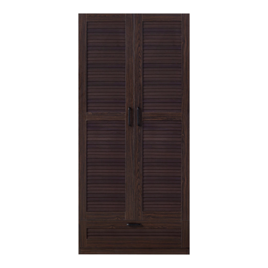 Armadio Guardaroba Finning con Ante a Persiana e Cassetto 176 x 80 x 52 cm Effetto Noce Scuro [en.casa]