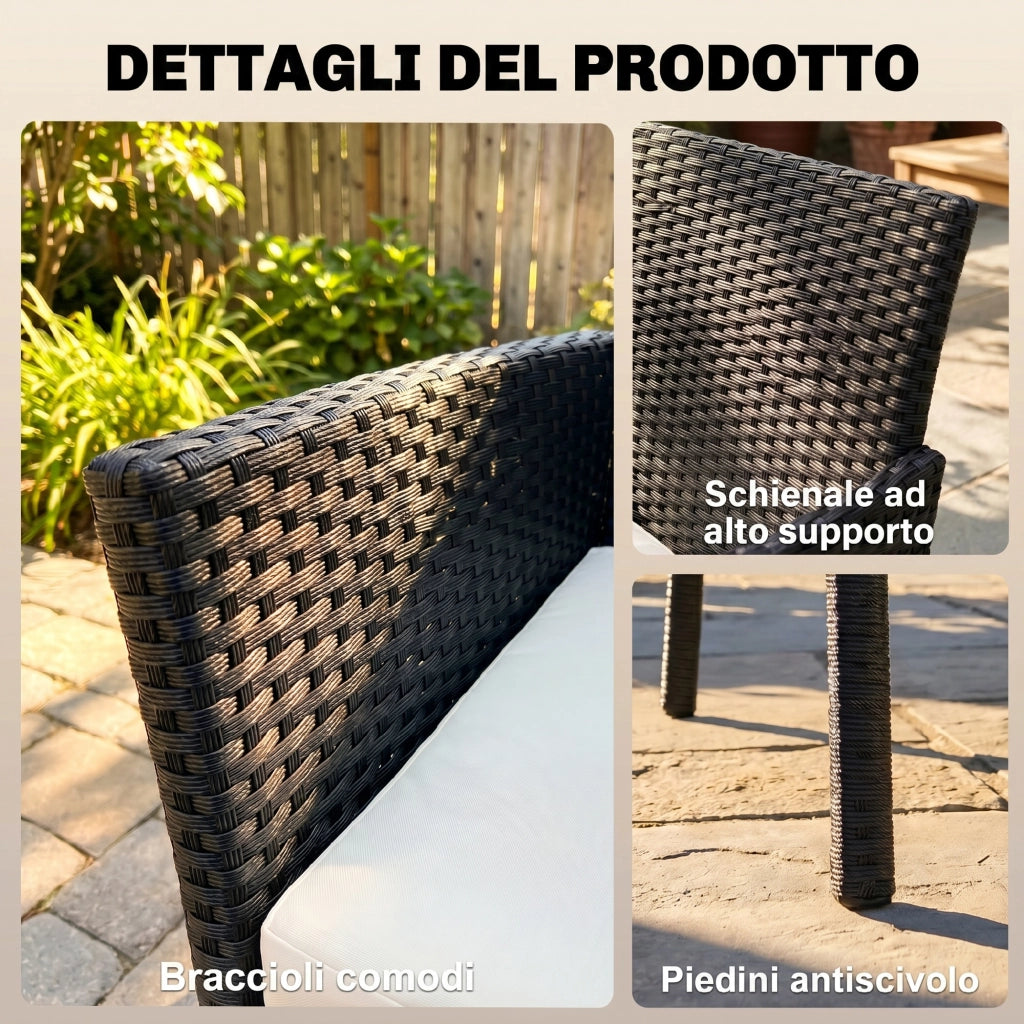 Divano da Giardino a 2 Posti con Cuscino e Braccioli in Rattan PE e Acciaio, 107x55x80cm, Nero